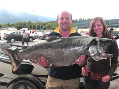 Photo of the Week shows pro angling guide Andreas Handl holding up his client Tamaras 50-pound Chinook (King) Salmon landed on the Kitimat River on July 15, 2010.  Andreas reports Tamara did an awesome job landing this brute of a fish.  She was fishing w