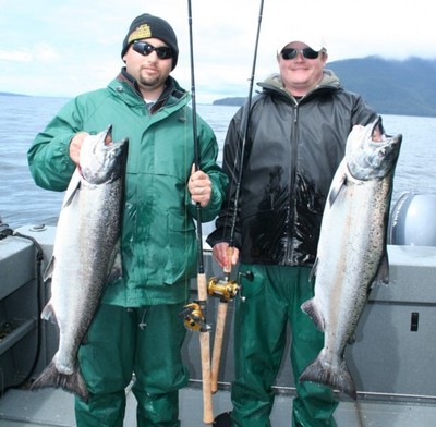 Shane Long of Talmage, Utah, and Ryan Chapman of Roosevelt, Utah, with a pair of king salmon caught June 16 while fishing with Alaskan Anglers Inn in Gustavus, Alaska. Photo by Andy Martin.