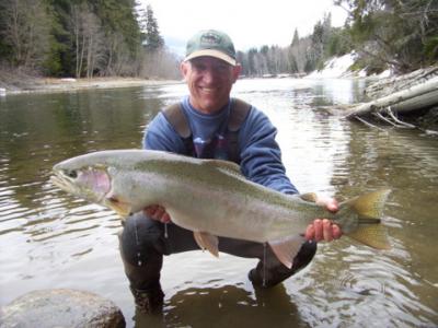 The photo of the week shows Andrew Rushton of Kalum River Lodge with a beautiful, female Steelhead landed on the Kalum River on April 2, 2008