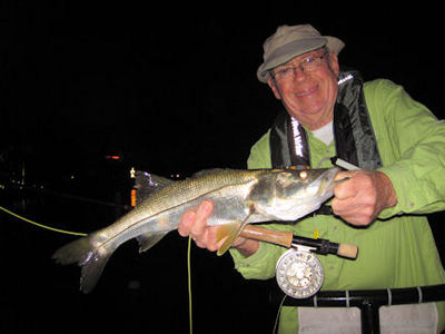 Bill Rhodes Sarasota night fly snook caught and released with Capt. Rick Grassett.