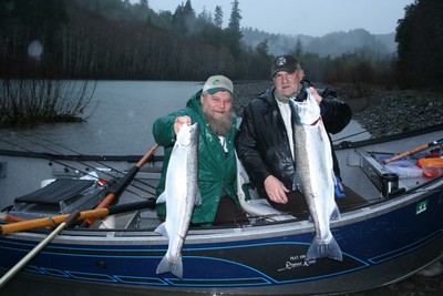 Dennis and Russ with a pair of nice Chetco River steelhead caught with guide Andy Martin of www.wildriversfishing.com
