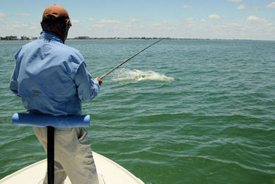 Jerry Poslusny, from NY, battles a tarpon caught on a fly while fishing with Capt. Rick Grassett in Sarasota, FL.