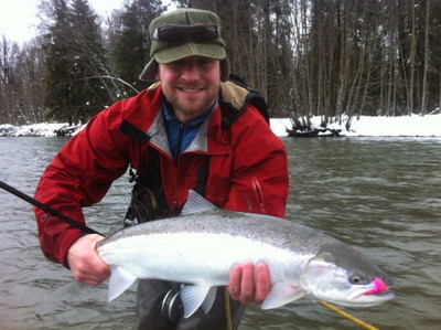 Looking forward to next season! Here is big steelie Phil! Aka Phil Dennis a guide for Kitimat Lodge, using a centre pin and maxima 15 lb, fishing a pink yarn. If you are interested to be guided on next spring or anytime for that matter, please contact me 