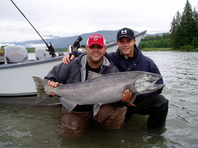 The photo of the week shows pro fishing guide Rob Vodola and his friend Rod Pelley hockey player with the New Jersey Devils and a nice fresh Kitimat River Chinook Salmon landed this year. Last year I shot a video clip of Rod landing a nice ocean Chinook.