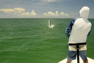 Jeb Mulock, from Bradenton, FL, jumps a tarpon on a fly while fishing in Sarasota with Capt. Rick Grassett.