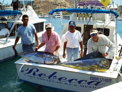 Joe McPeek and Bill Sledge from Houston, TX they released two striped marlin and caught a 100 lbs yellow fin tuna and a 50 lbs dorado aboard