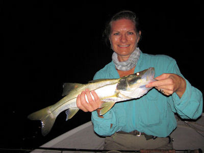 Karen Campbell Sarasota fly night snook caught & released with Capt. Rick Grassett.