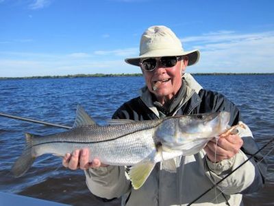 Keith McClintock, from Lake Forest, IL, with a snook caught and released in the backcountry of Gasparilla Sound near Boca Grande on a CAL jig with a shad tail while fishing with Capt. Rick Grassett.