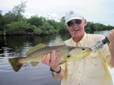 Keith McClintock, from Lake Forest, IL, with a fat trout caught and released on a CAL jig with a jerk worm while fishing Gasparilla Sound with Capt. Rick Grassett