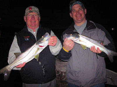 Phil and Matt Rever's Venice Grassett Snook Minnow fly night snook double caught and released with Capt. Rick Grassett.