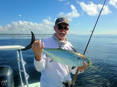 Rusty Chinnis, from Longboat Key, FL, with a false albacore caught and released on a fly while fishing Tampa Bay.
