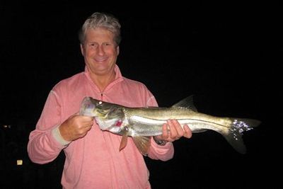 Steve Kost, from Lakewood Ranch, FL, with a snook caught and released on a Grassett Snook Minnow fly while fishing Sarasota Bay with Capt. Rick Grassett.