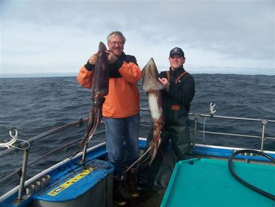 Tyler Florence with his first squid with Capt Tom